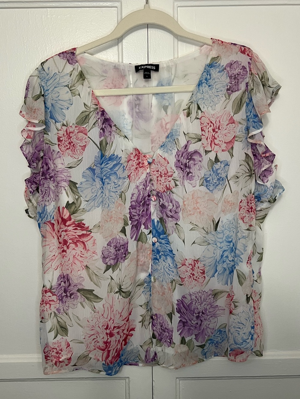 Express Women’s Floral Button Front Ruffle Sleeve Blouse - Multicolor | L - EUC